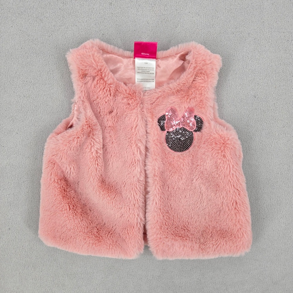 Disney Junior Baby Girl 12M Pink Faux Fur Minnie Mouse Sequin Vest Disneycore